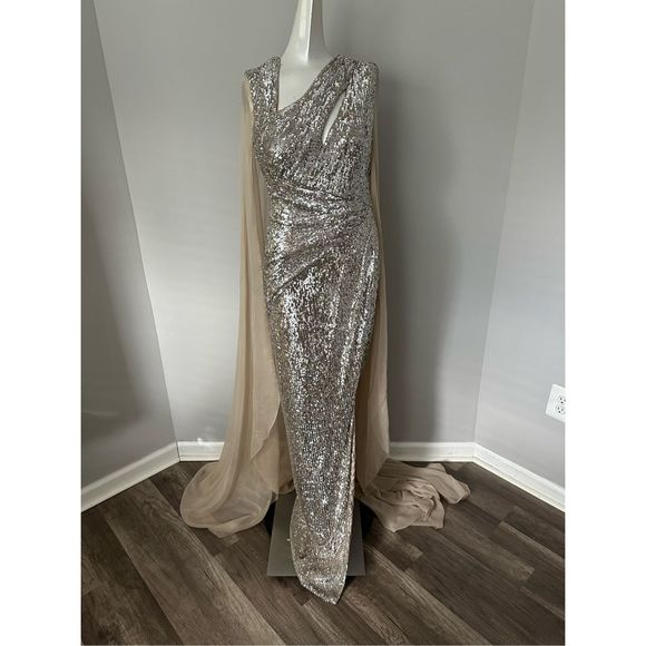 PAMELLA ROLAND Sequin Asymmetric Cape Gown - Picture 4 of 16